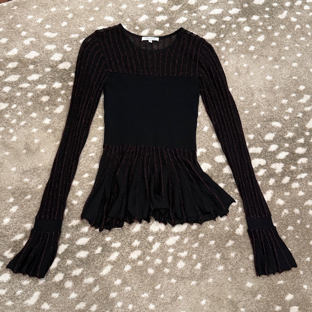 Ronny Kobo Black Long-Sleeve Peplum Top with Subtle Metallic Stripes. Size XS